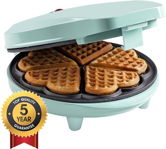 Bestron Wafelijzer - ASW217M - 700W - 5 hartvormige wafels - Anti aanbaklaag - Mint - 5 jaar garantie van Bestron