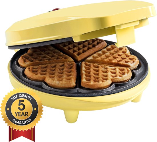 Bestron Wafelijzer - ASW217V - 700W - 5 hartvormige wafels - Anti aanbaklaag - Geel - 5 jaar garantie van Bestron