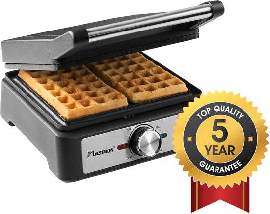 Bestron Wafelijzer - AWM100BL - 1600W - 2 wafels - Anti aanbaklaag - Zilver/Zwart - 5 jaar garantie