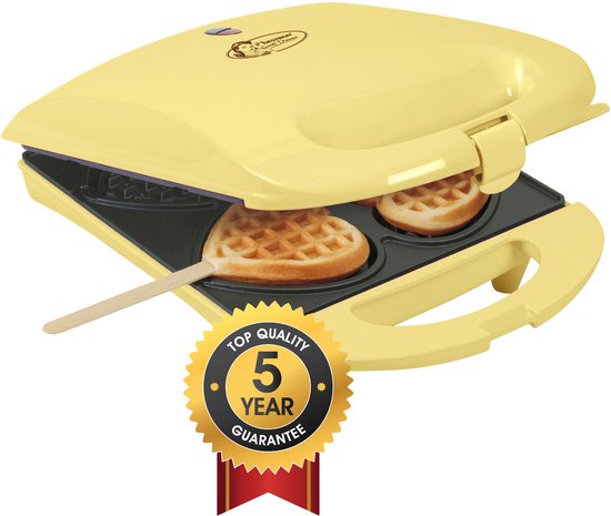 Bestron Wafelijzer - DSW271 - 1400W - 4 mini hartvormige wafels - incl. 20 houten stokjes - Geel - 5 jaar garantie
