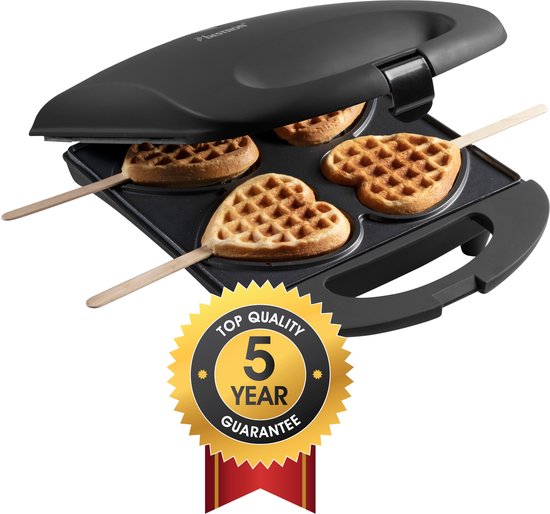 Bestron Wafelijzer - DSW271BL - 1400W - 4 mini hartvormige wafels - incl. 20 houten stokjes - Zwart - 5 jaar garantie