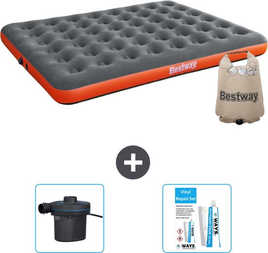 Bestway luchtbed - 2-Persoons - 152 x 203 x 22 cm - Grijs/Oranje - Inclusief Pomp en Reparatieset van Bestway