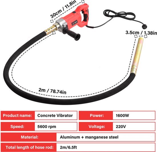 Betonvibrator Handmixer - 1600 W Vermogen - 2 Meter Lengte - Aluminium En Mangaanstaal - Voor Bouw En Constructie