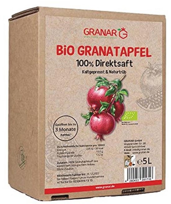 Biologisch granaatappelsap 5 liter, 100% natuurlijk en vers, ongefilterd en troebel van Merkloos