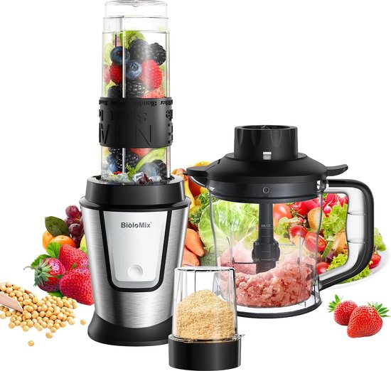 Biolomix - 3-In-1 Multifunctionele Keukenmachine - Draagbare Juicer - Blender - Persoonlijke Smoothie Mixer - Voedsel Chopper - Droge Molen - 700 Watt van Biolomix