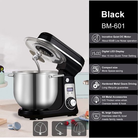 BioloMix BM601 - Keukenmixer - 1200W stille DC-motor - 6L RVS-kom - 6 snelheden - Voor brooddeeg, beslag & meringue - Krachtig kneden zonder lawaai
