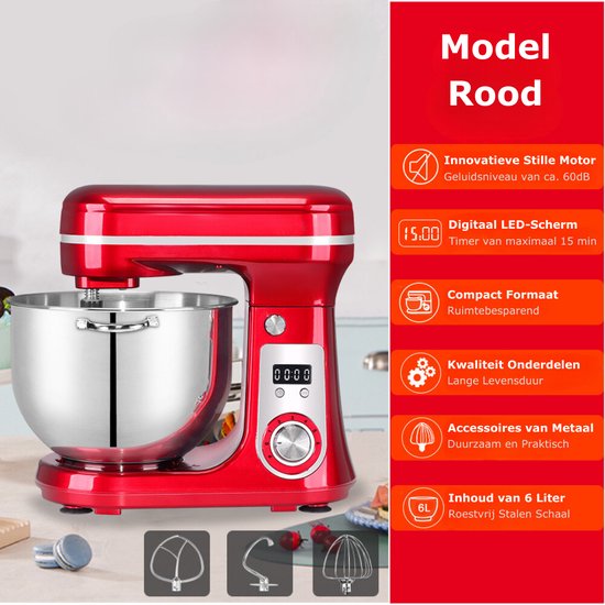 BioloMix® Deegmachine - Keukenmixer 6 Liter - Kneedmachine Keukenmachine 4KG RVS - Deegmixer Zwaar Deeg - Rood van Merkloos