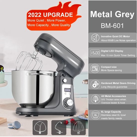 Biolomix Keukenmachine - Keukenmixer - Foodprocessor - Mixer - Blender - Stille motor - Keukenmachines - Mixer met mengkom - Mixers - 6L kom - 1200W - Grijs van Biolomix