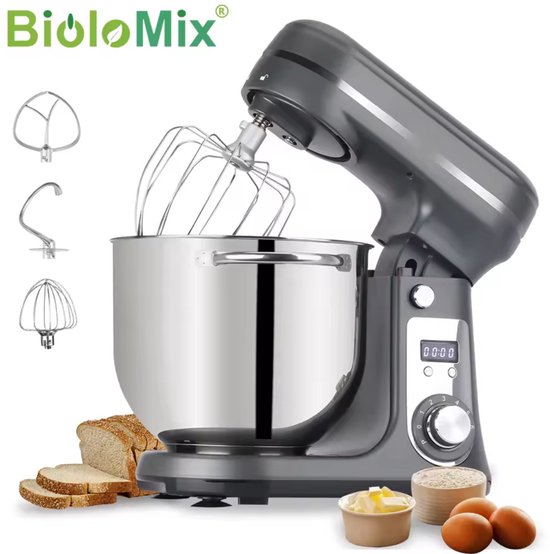 Biolomix Keukenmachine - Keukenmixer - Foodprocessor - Mixer - Blender - Stille motor - Keukenmachines - Mixer met mengkom - Mixers - 6L kom - 1200W - Grijs van Merkloos