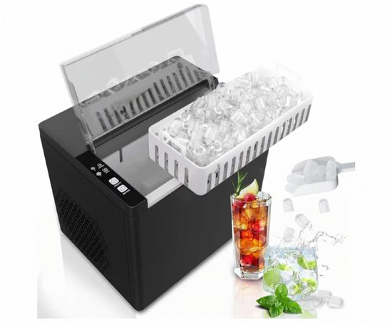 BIXc®- Draagbare ijsblokjesmachine, 9 ijsblokjes in 6 minuten, 12 kg/24 uur, 2 maten, met ijsschep en mand, bediening met één knop, voor thuis, kantoor, bar, camping.