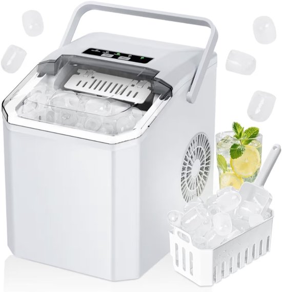 BIXc®- IJsblokjesmachine, 9 ijsblokjes in 6 minuten, 15 kg in 24 uur, 2 formaten ijs, zelfreinigend. Draagbare ijsblokjesmachine met handvat, ijsschep en mandje, voor thuis,keuken,kantoor,bar.
