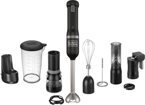 BLACK+DECKER KitchenWand™ 6 in 1 Draadloze Staafmixer – Accu – Inclusief wijnfles opener, blikopener, melk opschuimer,maatbeker, perper en zout molen