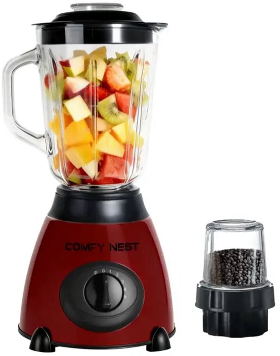 Blender – 800W – 1,5 Liter Glazen Kan – Koffiemolen en Hakmolen – 5 Snelheden en Pulse – Rood