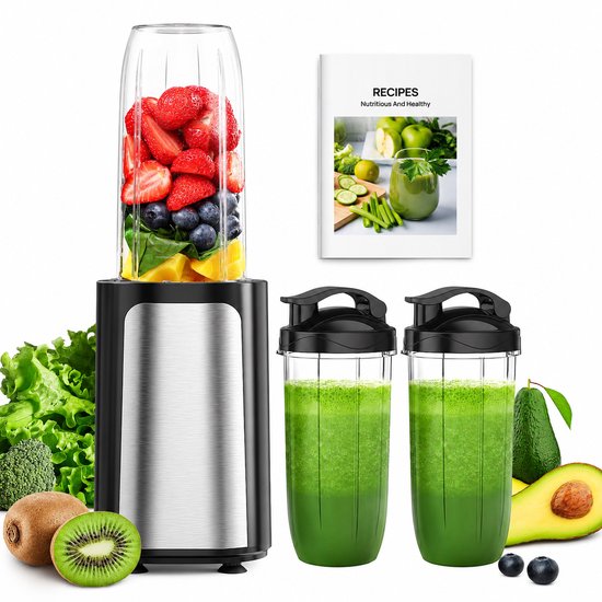 Blender 900W Smoothie Maker met 3 To-Go Bekers 500/700 ml – 23.000 RPM – RVS Messen – BPA-vrij