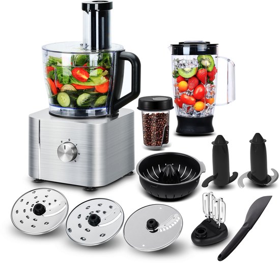 Blender-foodprocessor-keukenmachine 11 in 1-Mixen, Kneedden, Malen, Kloppen en Sapcentrifugeren- 1100W- 3 Snelheden-3,2L Kom en 1,5L Blenderkan.