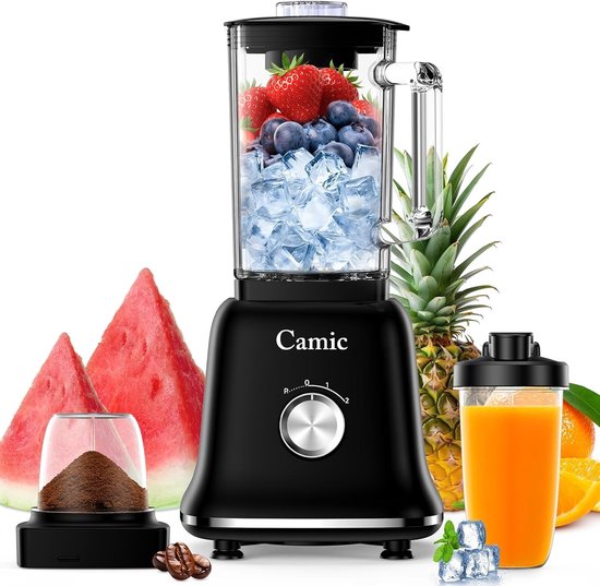 Blender - Glas - 1,6 liter - 3-in-1 Blender met Reisbeker en Maalbeker - Voor Smoothies en Dranken