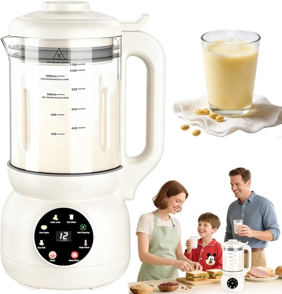 Blender Glas - Automatische Blender - Sojamelkmaker - Multifunctionele Keukenmachine - 1100 ml - 12-uurs Timer - Zelfreinigend - Warme/Koude Drank - Voor Sojamelk & Soep & Sap & Milkshake