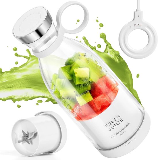 Blender - Mini blender - Blender to go -Draagbare Blender 350 ml – USB Oplaadbare Smoothie Maker – Mini Blender met 4 RVS Messen – Draadloze Sapmaker voor Shakes, Smoothies, Sport, Reizen en Kantoor – Wit