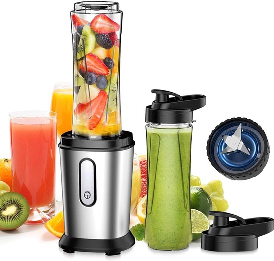 Blender, smoothie maker, 500 W blender, mini mixer, smoothie maker met 2 x 600 ml smoothie flessen, BPA-vrij Tritan, draagbare blender smoothie mixer van roestvrij staal, 4 bladen voor shake, smoothie