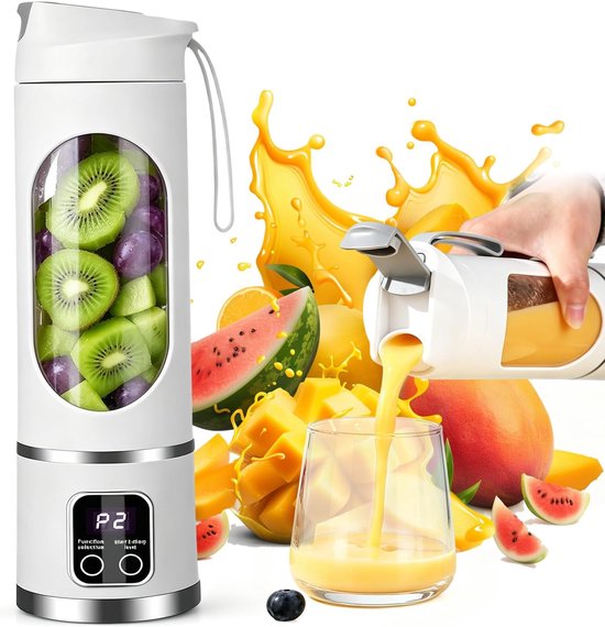 Blender smoothie maker, mini-mixer to go, 450 ml, oplaadbaar, beker met led-display, 12 messen, BPA-vrij, draagbare blender voor milkshake, sap, smoothie (2 - wit)