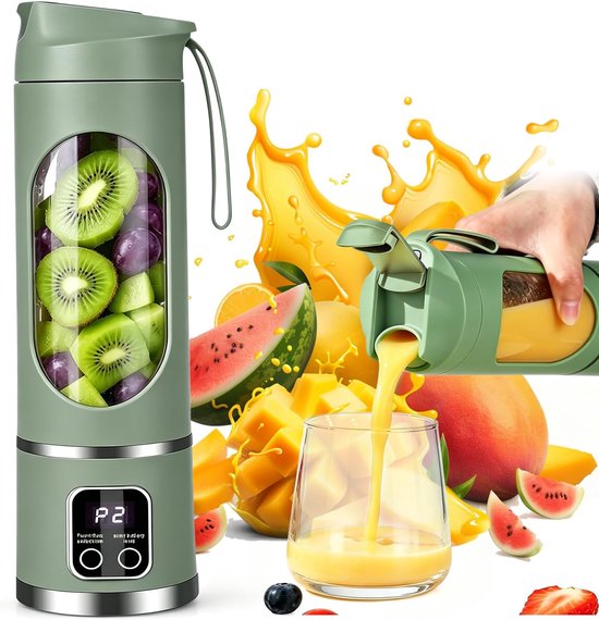 Blender smoothie maker, mini-mixer to go, 450 ml, oplaadbaar, beker met led-display, 12 messen, BPA-vrij, draagbare blender voor milkshake, sap, smoothie