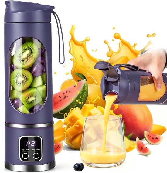 Blender smoothie maker, mini-mixer to go, 450 ml, oplaadbaar, beker met led-display, 12 messen, draagbare blender voor milkshake, sap, smoothie (2 - paars)