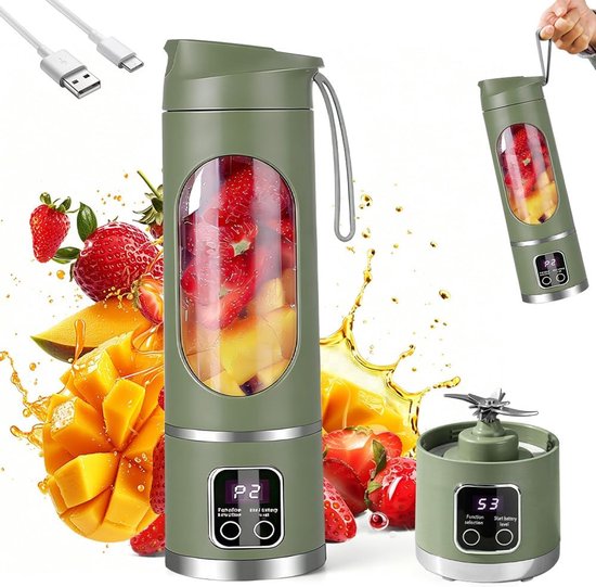 Blender smoothie maker to go, 450 ml, draagbare blender met led-display, 12 messen, kleine mixer voor shakes en smoothies, oplaadbare mini-blender voor reizen, outdoor, olijfgroen