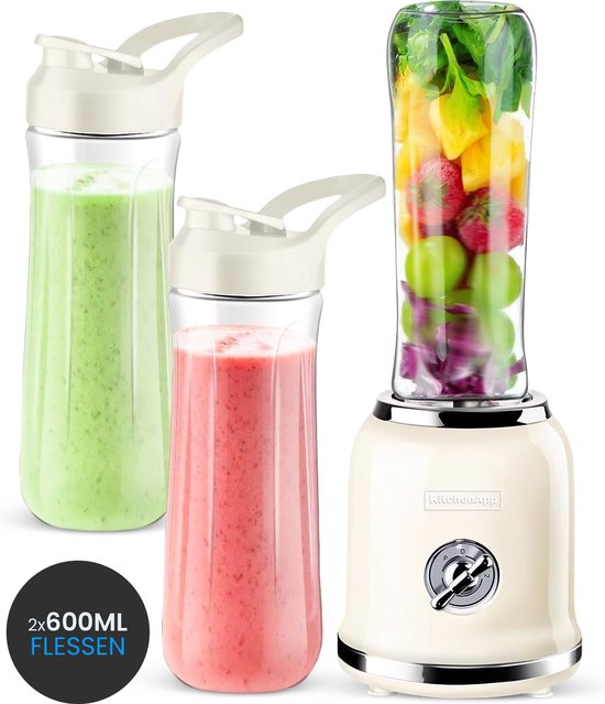 Blender to go - Retro blender - Smoothie maker - Inclusief twee bekers en meerdere accessoires - Beige van Merkloos