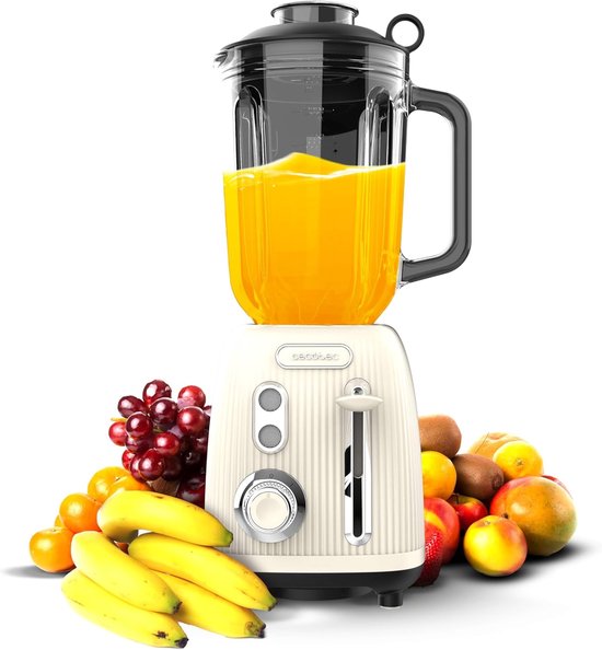 Blender van Power Black Titanium RetroBeige. Retro mixer met maximaal vermogen van 1200 W, 4-bladig lemmet met zwarte titanium coating en kan met een inhoud van 1,5 l