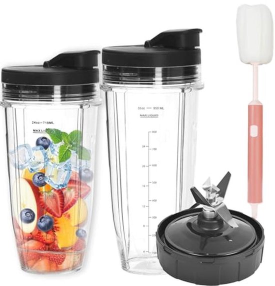 Blenderbekers en 7-vinnen Extractormes - 2 x 24oz met Deksels en Reinigingsborstel van Merkloos