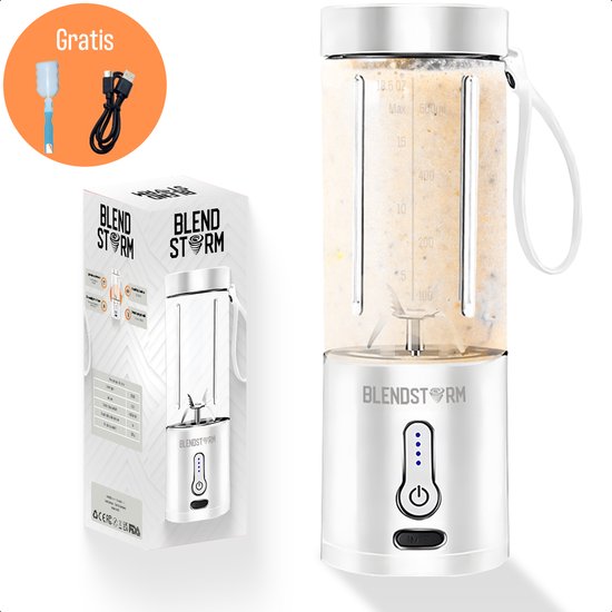 BlendStorm® Draagbare Blender - Draadloze Blender - Draadloos - Blenders - Blender To Go - 6 Mesjes - Mini Blender - Smoothie Maker - Juicer - Keukenmachine - USB Oplaadbaar - 500 ml - Wit van BlendStorm®