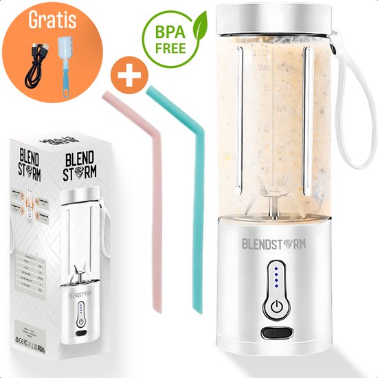 BlendStorm® Draagbare Blender - Draadloze Blender - Draadloos - Blenders - Blender To Go - 6 Mesjes - Mini Blender - Smoothie Maker - Juicer - Keukenmachine - USB Oplaadbaar - 500 ml - Wit van BlendStorm®