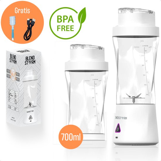 BlendStorm® Draagbare Blender Premium - Draadloze Blender - Draadloos - Blenders - Blender To Go - 6 Mesjes - Mini Blender - Smoothie Maker - Juicer - Keukenmachine - USB Oplaadbaar - 700 ml - Wit van BlendStorm®