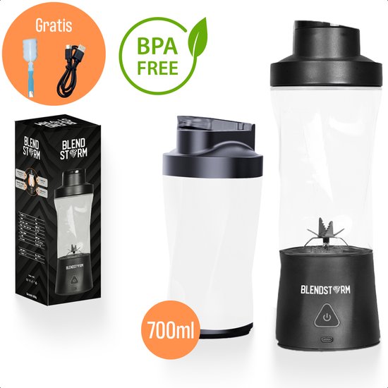 BlendStorm® Draagbare Blender Premium- Draadloze Blender - Draadloos - Blenders - Blender To Go - 6 Mesjes - Mini Blender - Smoothie Maker - Juicer - Keukenmachine - USB Oplaadbaar - 700 ml - Zwart van BlendStorm®