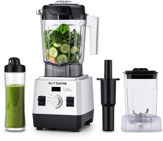 BlitzHome BH-207C Blender 1600W - Smoothiemaker met 2L Kan, 600ml Drinkbeker & 800ml Maalbeker - 7 Snelheden, 3 Programma's, Ice Crusher, BPA-vrij - Zilver