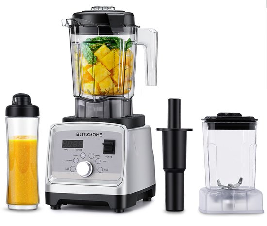 BlitzHome BH-228C Blender 1600W – Krachtige Smoothie Blender met 2L Kan, 6-in-1 Functies, IJscrusher, Koffiemolen & Reisfles – 9 Snelheden – Zilver