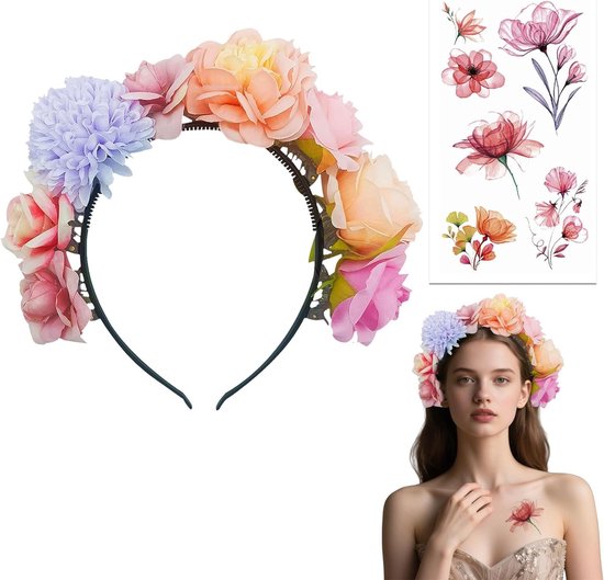 Bloemrijke Hoofdband met Rozen - 2-delige Bloemenkrans voor Bruiloft, Carnaval en Feestdecoratie van Merkloos