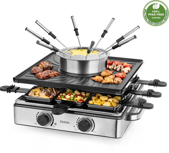 Blokker Raclette Grill - Gourmetset - Kaasfondue - 8 Pannen - Indicatielampje - Regelbare thermostaat - ILAG Coating - Aluminium grill - 8 spatels - Fondueset - 1500W - RG-131577.2 Zwart