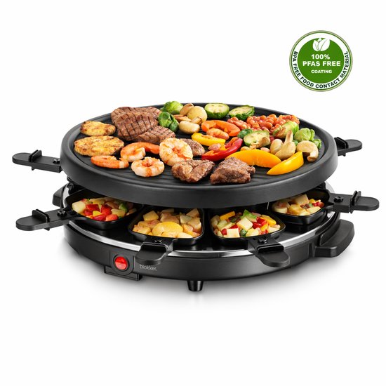Blokker Raclettegrill - Gourmetset - 28cm diameter - 6 pannetjes - ILAG coating - Stalen grillplaat - 6 spatels - Antislip voetjes - 800W - RG-131523.1 Zwart