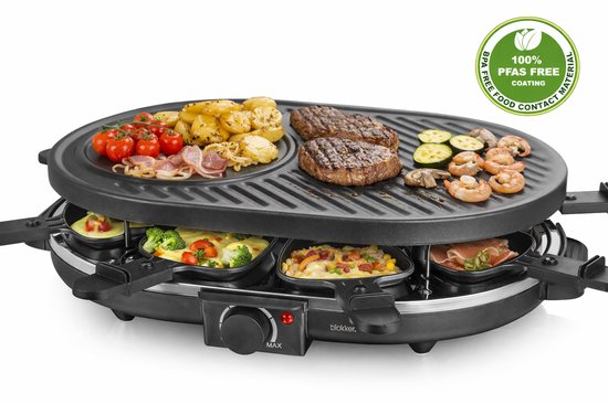 Blokker Raclettegrill - Gourmetset - 8 Pannen - Indicatielampje - Regelbare thermostaat - ILAG Coating - Stalen grillplaat - 8 spatels - Antislip - RG-131524.1 Zwart