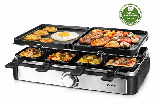 Blokker Raclettegrill - Gourmetset - 8 pannetjes - Indicatielampje - Regelbare thermostaat - ILAG coating - Aluminium grill - 8 spatels - Antislip voetjes - 1400W - RG-131425.1 Zwart