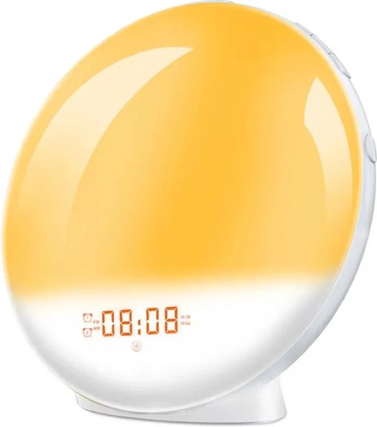 Bloominggoods® Wake-Up Light - Wekker - Alarm - Digitale Klok - Nachtlamp - Radio - USB Oplader - Snooze Functie - 7 Natuurgeluiden - Wit van Bloom