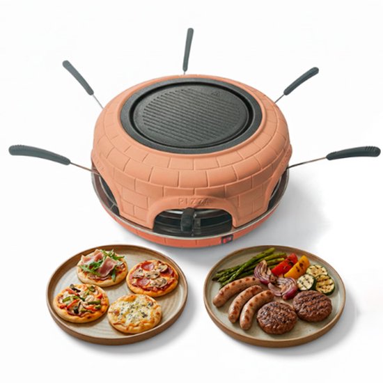 BluMill Mini Pizza Oven met Gourmetstel - Mini Pizza Oven voor 6 Personen - Terracotta Koepel - Incl. Gietijzeren Grillplaat - Incl. 6 RVS Pizzaspatels en Deeguitsteekvorm