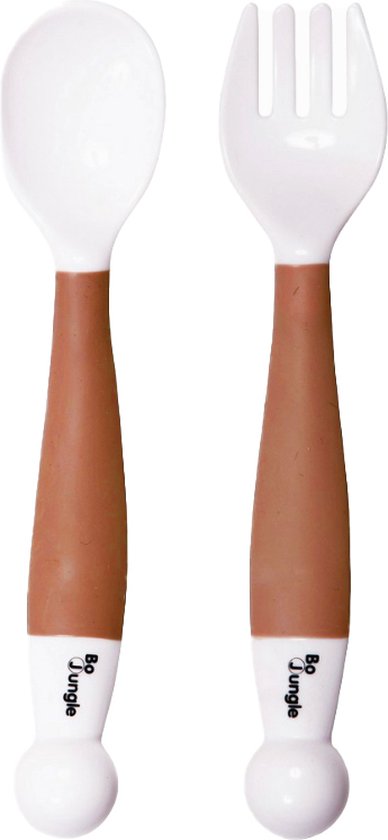 Bo Jungle - Buigbaar Kinderbestek - Vork en lepel - Leren eten met bestek - Bendable Spoon & Fork Terracotta van Bo Jungle