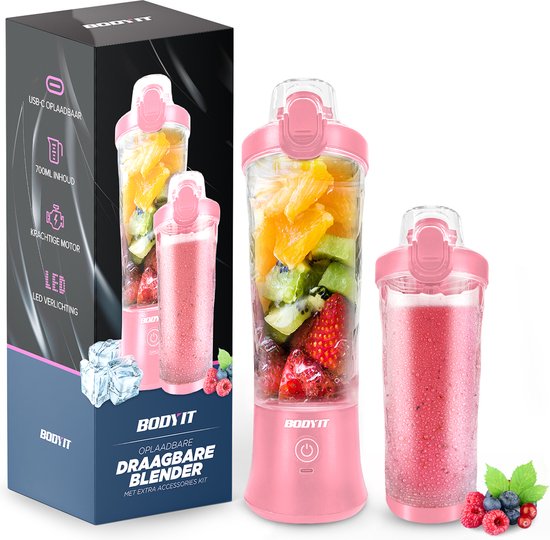 BODYIT® - Draagbare Blender met Extra Accessoires - 700ml - 6 Mesjes - Portable Blender To Go - USB-C - Oplaadbare Blenders met Accu - Draadloze Smoothie & Shake Maker - Roze van BODYIT®