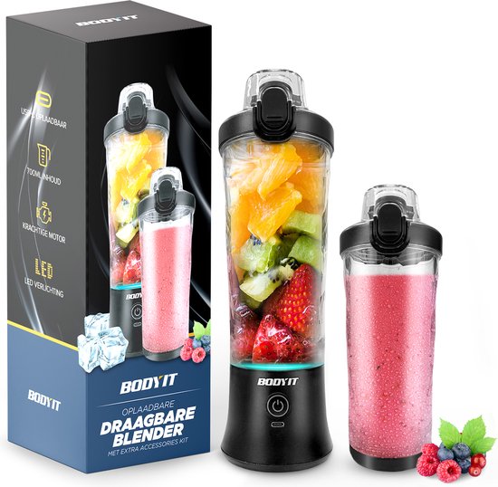 BODYIT® - Draagbare Blender met Extra Accessoires - 700ml - 6 Mesjes - Portable Blender To Go - USB-C - Oplaadbare Blenders met Accu - Draadloze Smoothie & Shake Maker - Zwart van BODYIT®