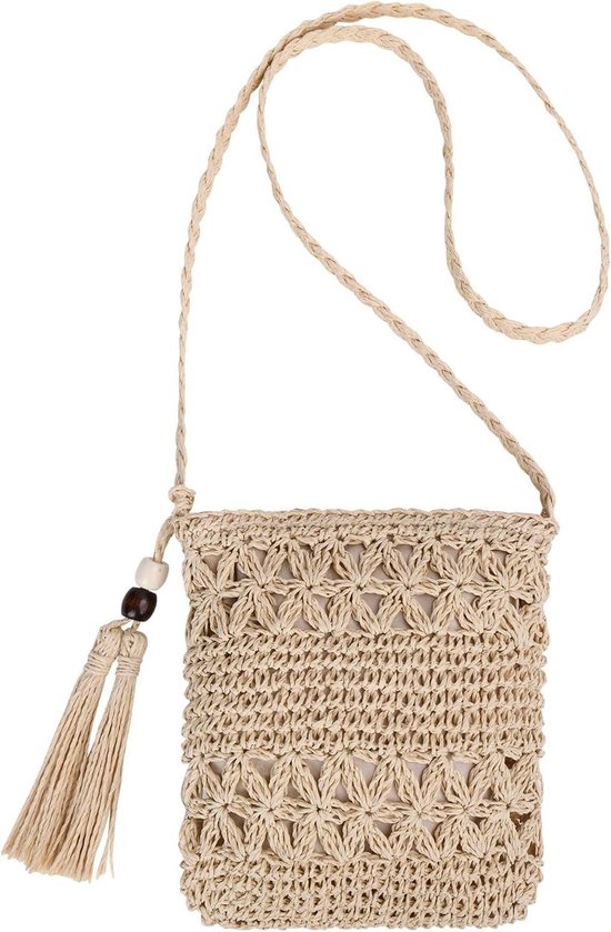 Boho Stijl Rieten Tas voor Vrouwen, Handgemaakt met Schouderband en Rits, Perfect voor Strand, Reizen en Vakantie, Beige, 65 cm x 20 cm x 22 cm van Merkloos