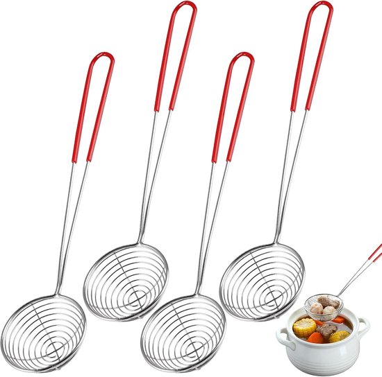 Bondoo Fondue netjes 4 stuks - Hotpot - Schuimspaan - Chinese fondue - Hotpot zeef - Chinees fondue zeefjes - Fonduezeefjes - Hotpot lepel Roestvrij staal - met handgreep - Ø6,5cm - Rood van Bondoo