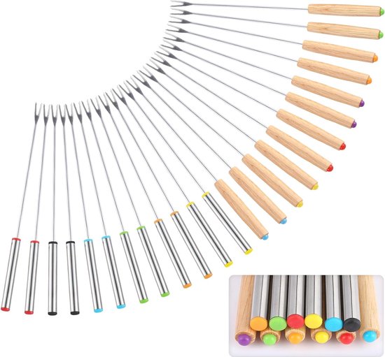 Bondoo fonduevorken 24 stuks 24 cm - fondue vorkjes - fonduevork- fondue vorkjes voor vlees - fonduevorkjes - fondue prikkers - fondue prikkers - fonduevorken set - kaasfondue vorkjes - RVS - Hout
