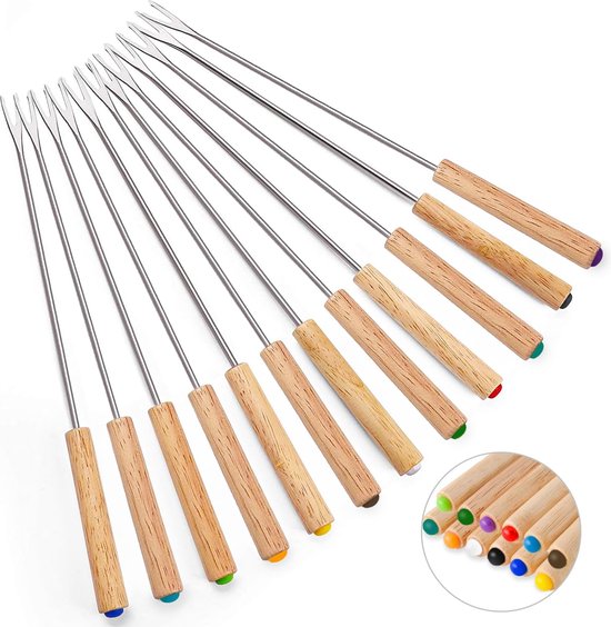 Bondoo Fonduevorken - Set van 12 - Houten Handgrepen met kleur - 24 cm - hittebestendig voor chocoladefontein kaasfondue gebraden marshmallows fruit - fondue chocolade - fonduevorken set - fondue prikkers - fonduevorkjes - fondue accessoires - Hout